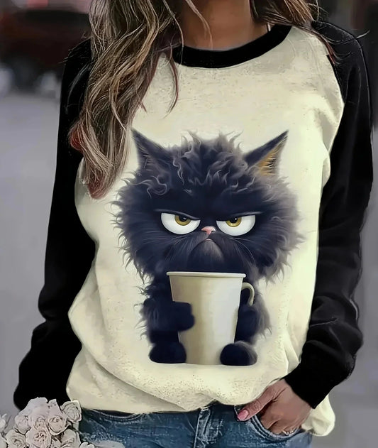 Whimsical Cat Print Pullover Sweatshirt