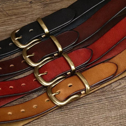 3.8CM Pure Cowhide Genuine Leather for Men High Quality Jeans Brass Buckle Belts Cowboy Waistband Male Fashion Designer Luxury