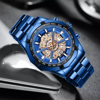 Binbond Mens Watches Top Brand Luxury Stainless Steel Waterproof Hollow Out Blue Big Male Wristwatches Relogio Masculino 2023