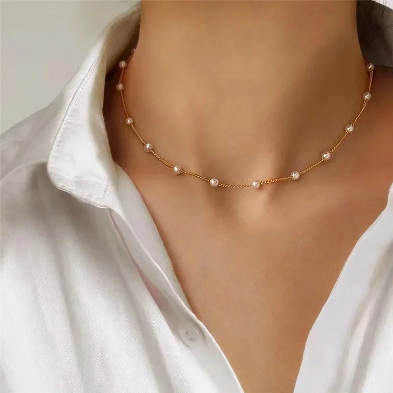 Gold Pearl Beaded Choker Necklace for Women